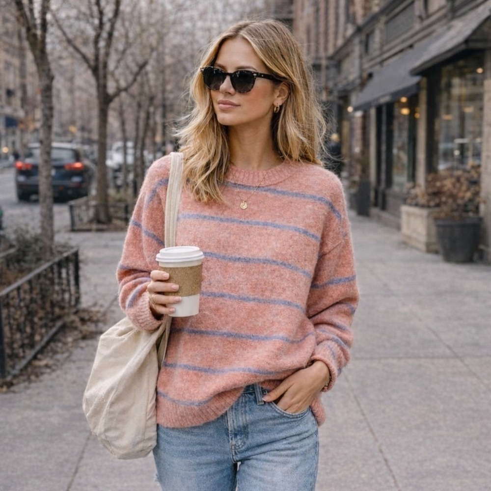 J. Crew Coral Blue Fuzzy Alpaca Striped‎ Crewneck Sweater Size Medium
